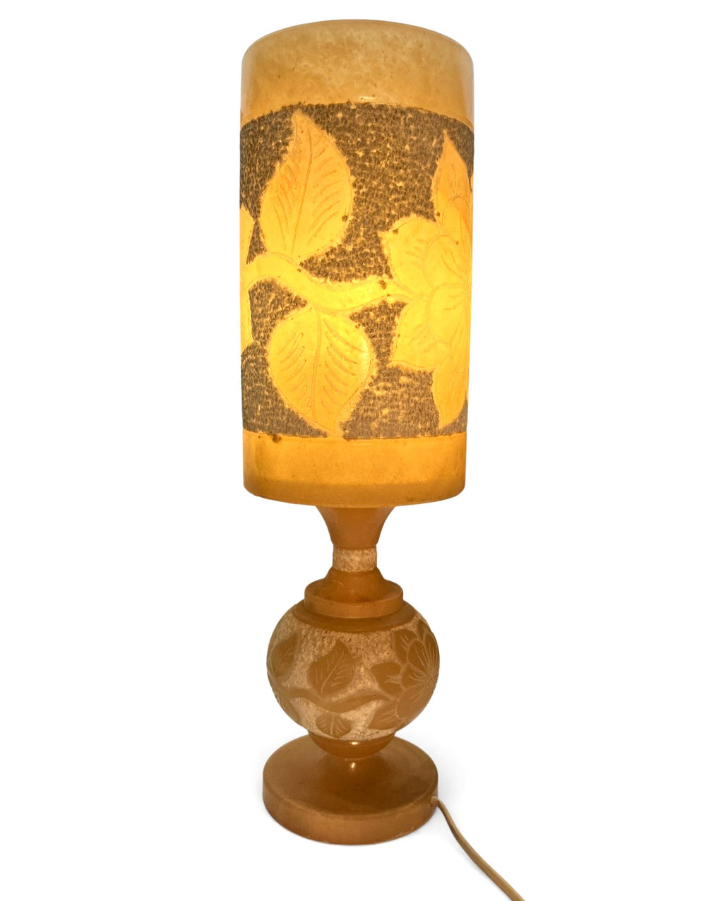 Vintage 1970s Alabaster Table Lamp Carved Leaf Stone Lamp Retro Mid Century