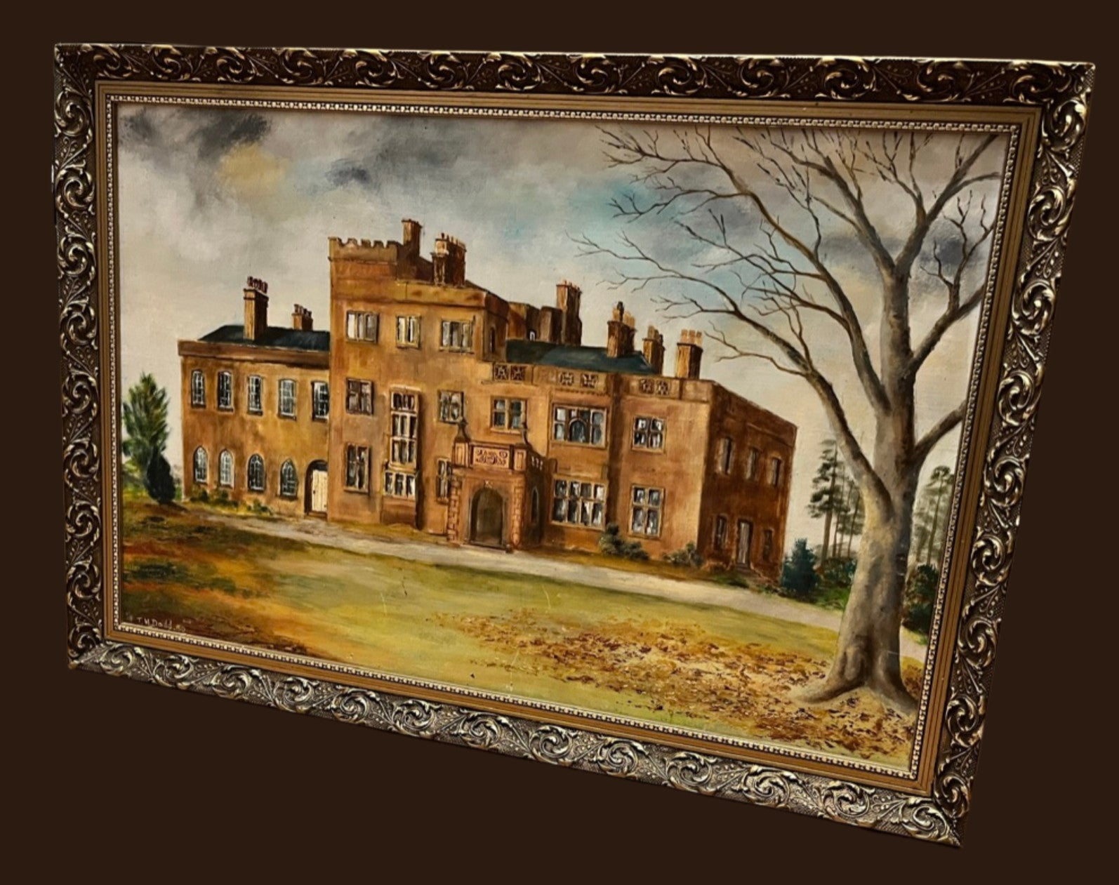 Large Original Oil Painting English Manor House Country Estate Framed Signed 198