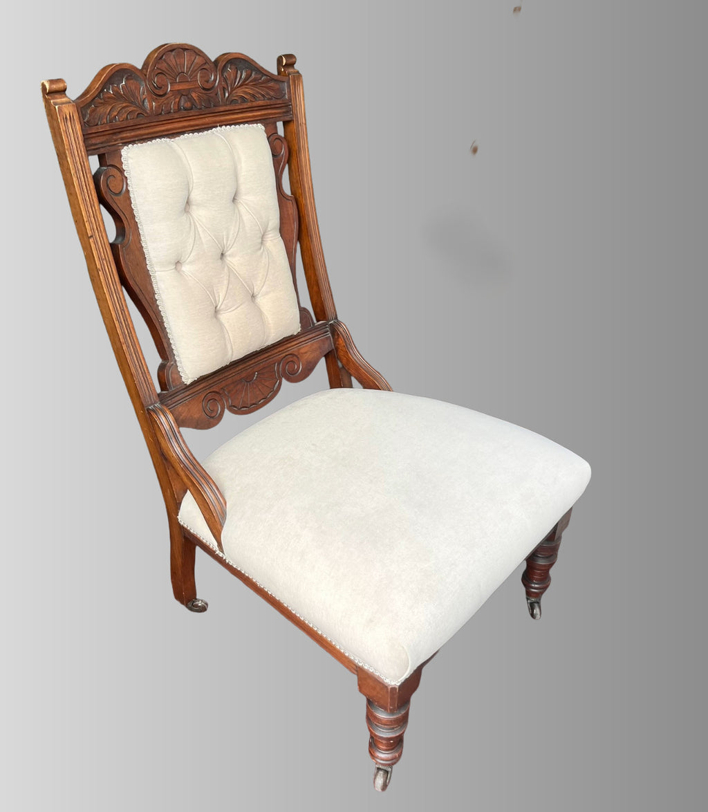 Victorian Mahogany Carved Upholstered Chair Fireside or Bedroom Chair Cream