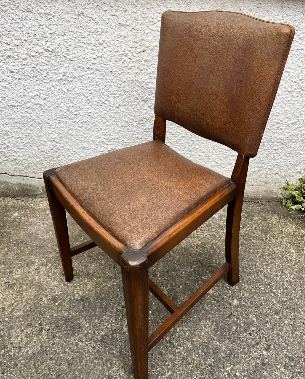 Vintage Oak Dining Chairs Pair Camel Vinyl Upholstered
