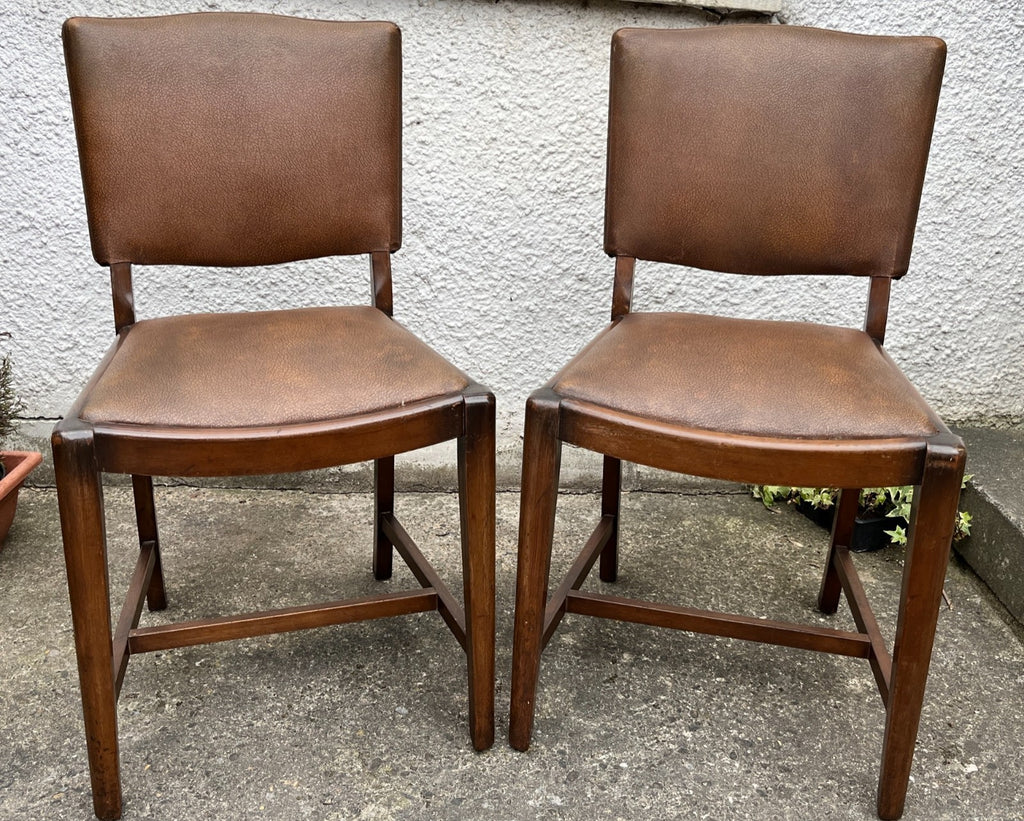 Vintage Oak Dining Chairs Pair Camel Vinyl Upholstered