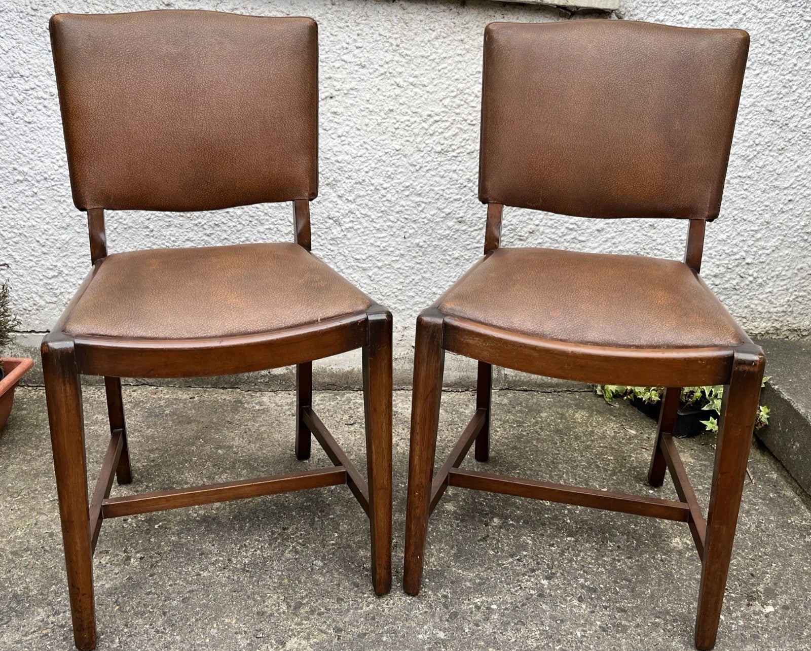 Vintage Oak Dining Chairs Pair Camel Vinyl Upholstered