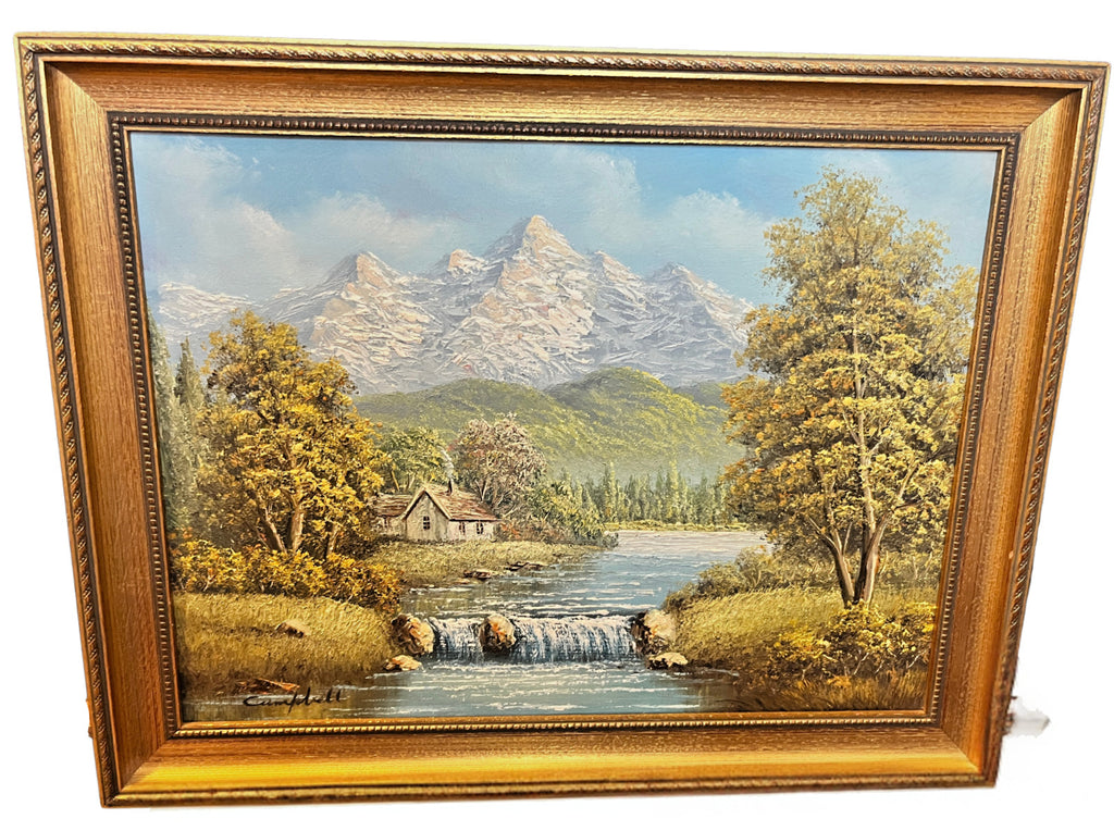 Vintage Oil Painting Mountain Landscape Signed Campbell Gold Gilt Frame 47x37cm