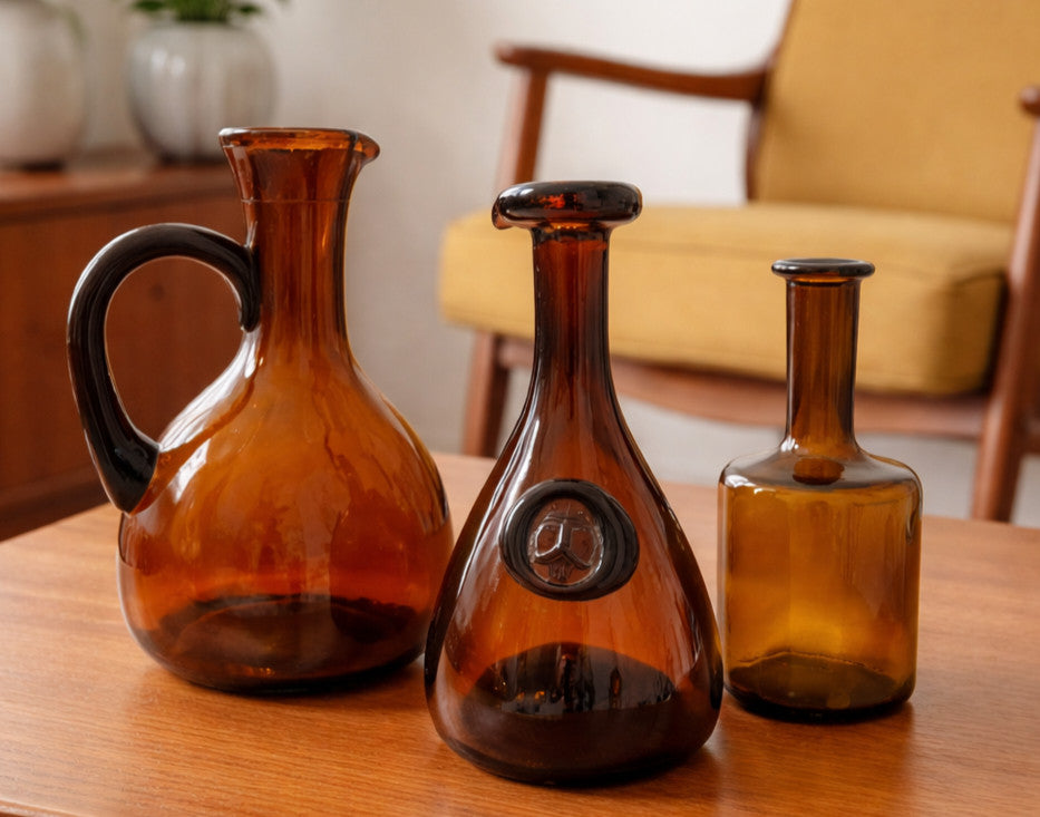 Holmegaard Viking Carafe Amber Glass Bottles Set 3 Vintage 1960s Mixed