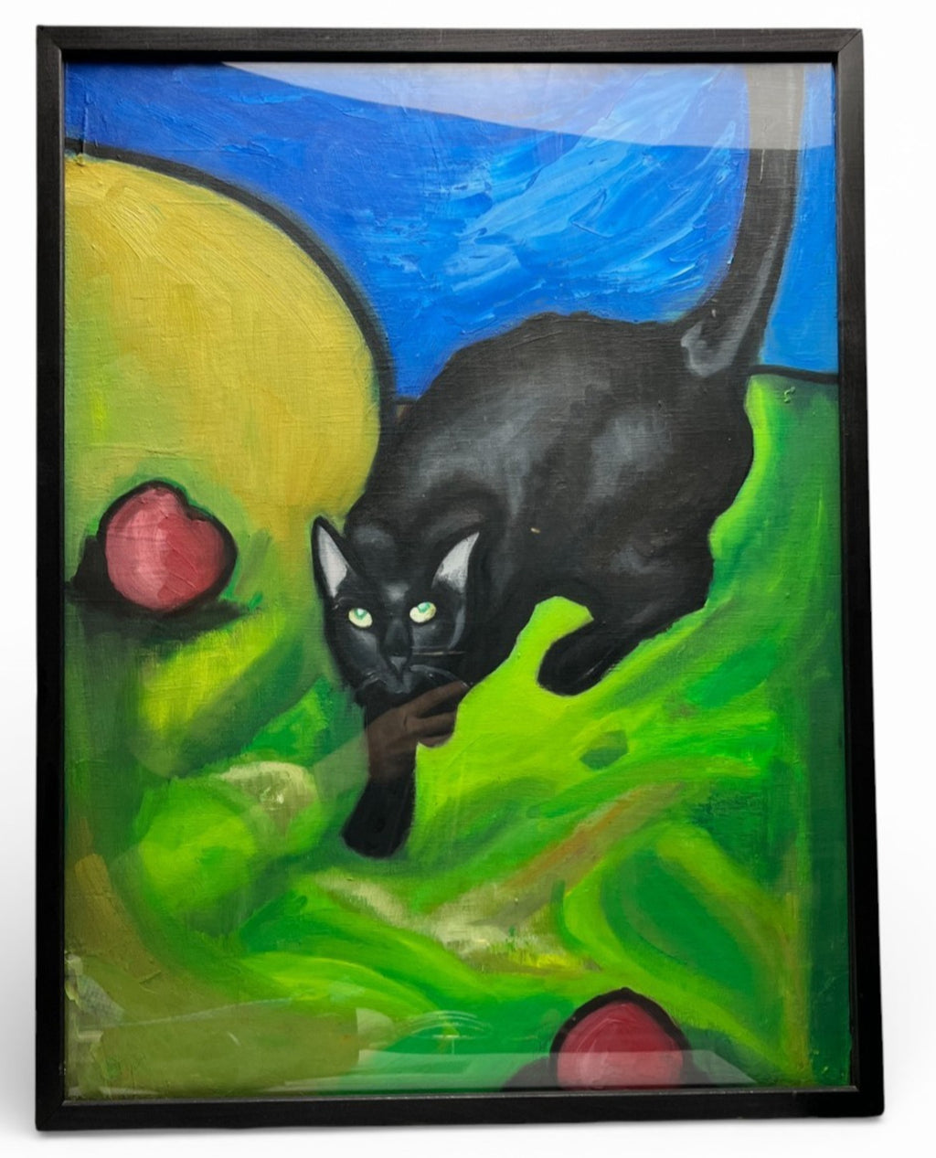 Original Black Cat Acrylic Painting Framed 62x48cm Vintage Art VGC