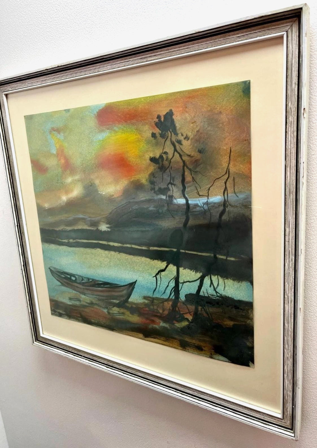Vintage Watercolour Lake Boat Sunset Landscape Painting Framed Wall Art 49cm