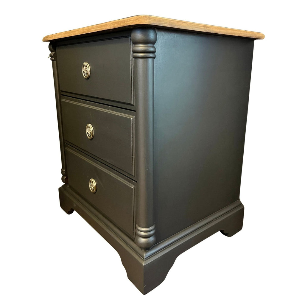 Refinished Black Bedside Tables Pair Vintage Nightstands Wood Top 3 Drawer Cabin