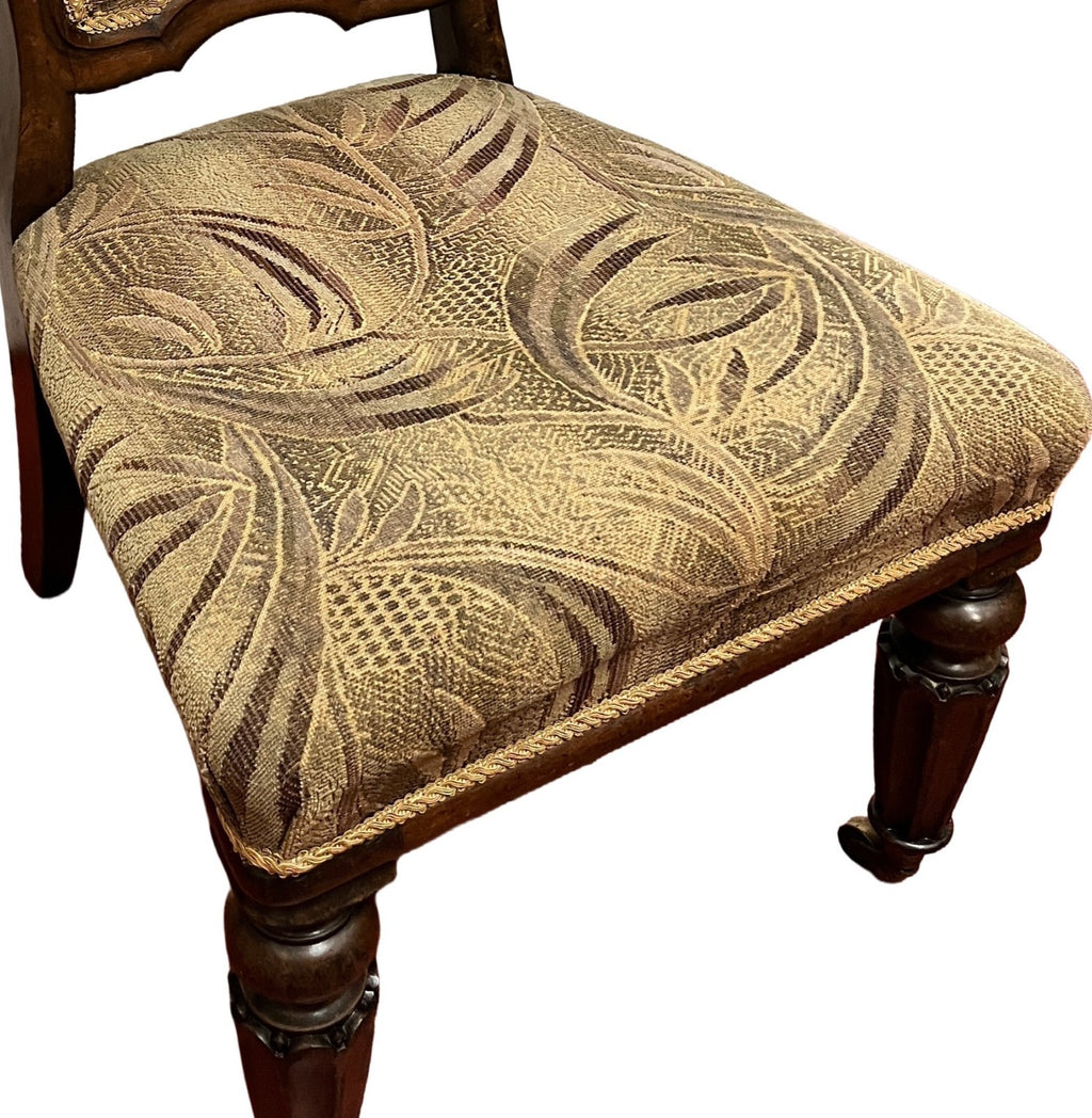 Vintage Upholstered Bedroom Chair Slipper Chair Wooden Carved Brass Castors 92cm