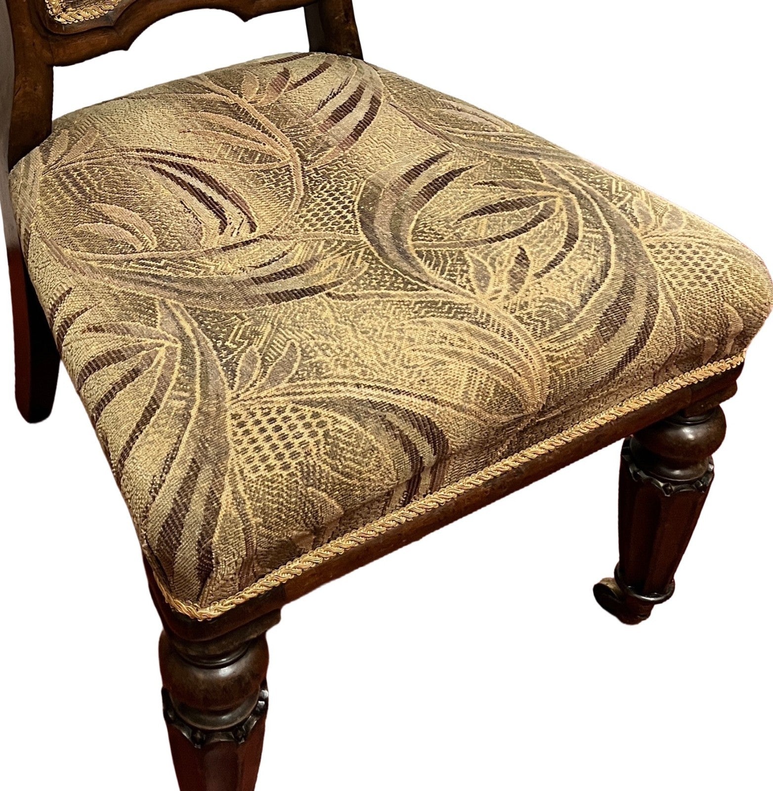 Vintage Upholstered Bedroom Chair Slipper Chair Wooden Carved Brass Castors 92cm