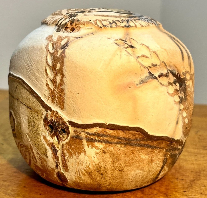 Raku Studio Pottery Cube Sculpture Bird Motif Smoke Fired Art Pot 10cm