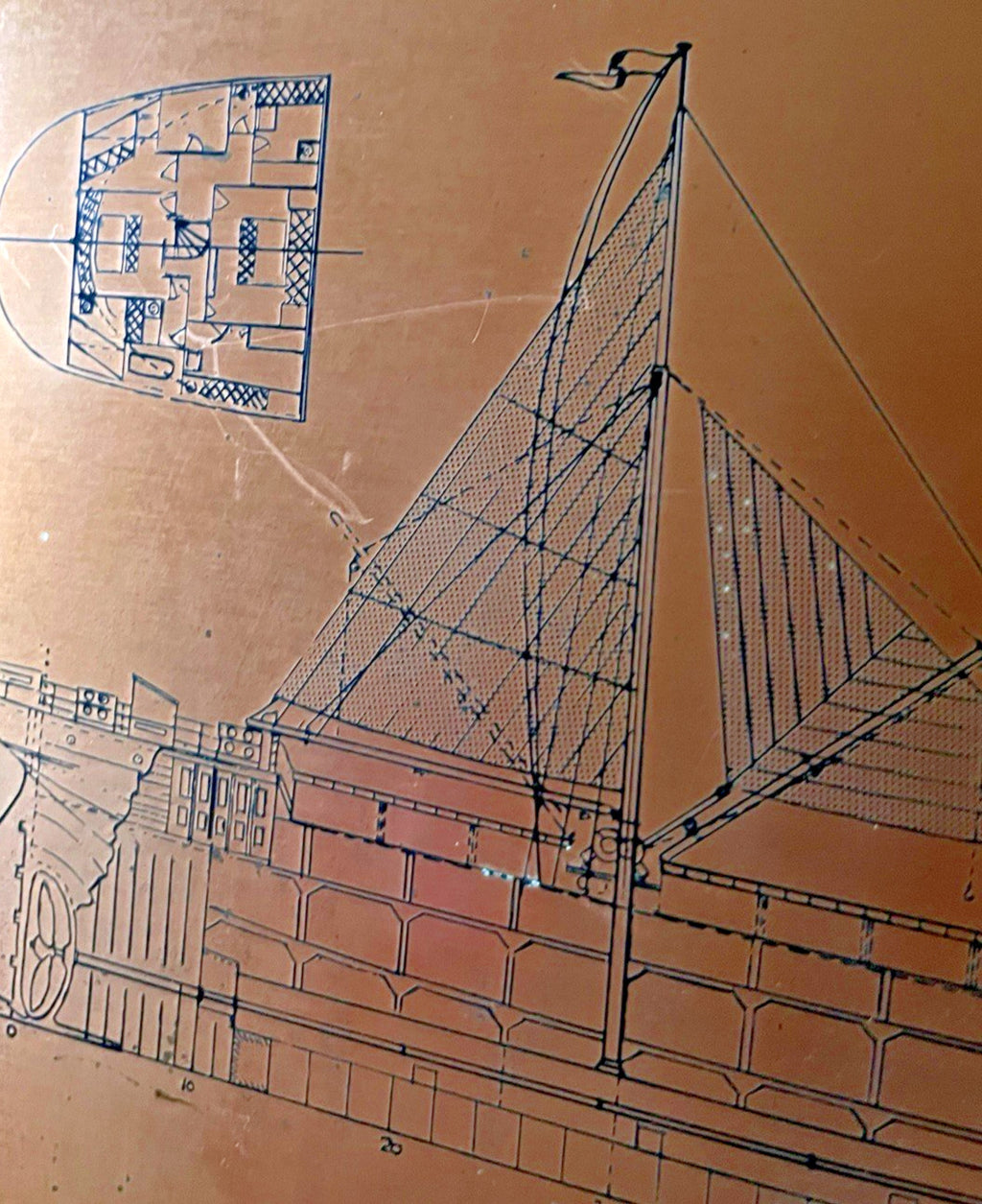 Antique Copper Engraving Ship Plan “S.S. Harbury” Wear Dockyard 1895