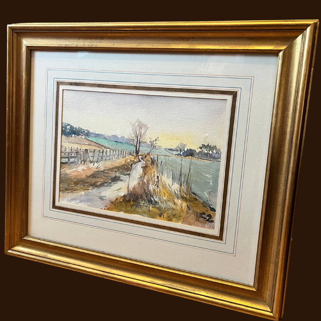 Original Watercolour Landscape Painting Framed Rural Country Lane Signed 1991
