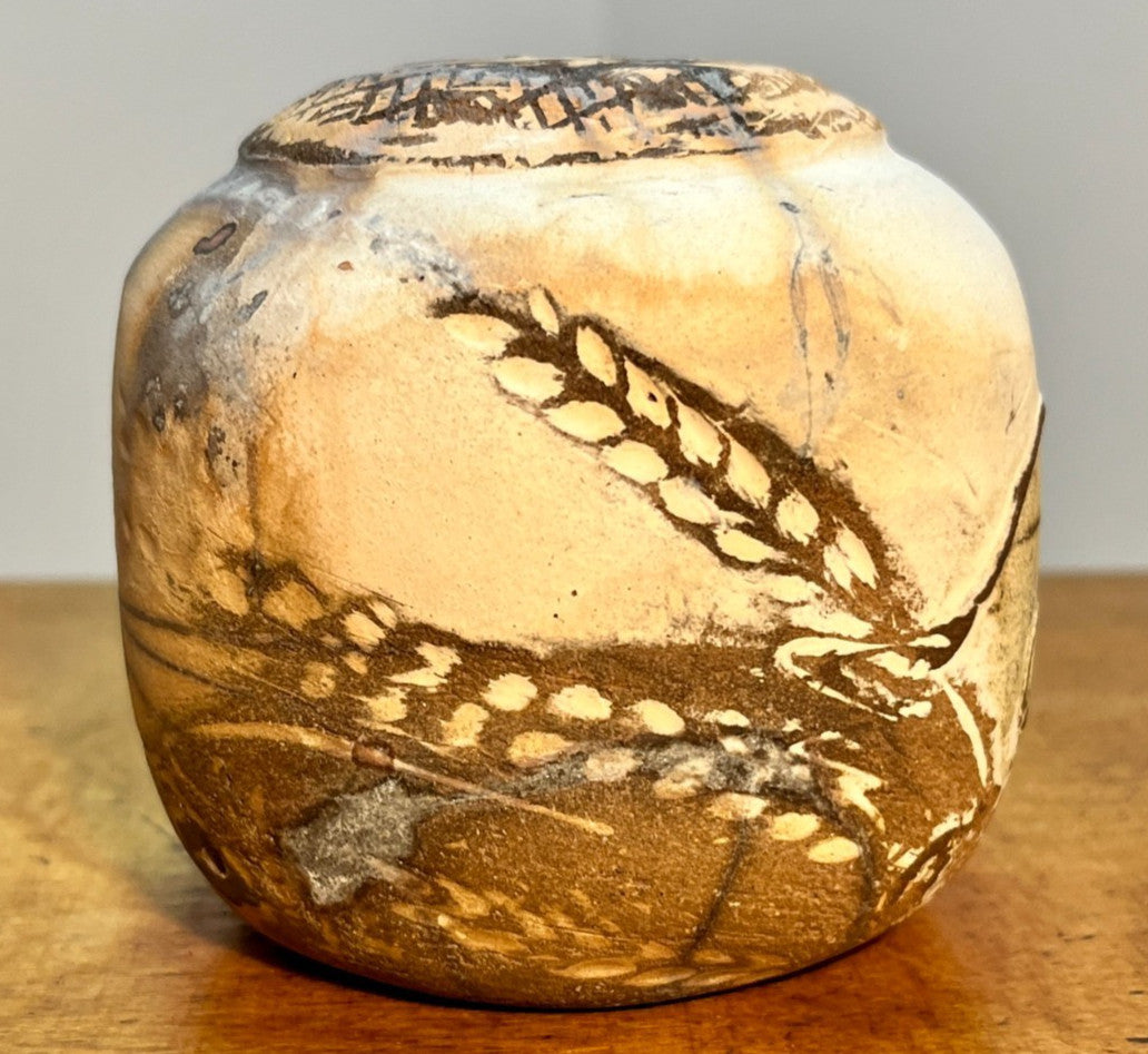 Raku Studio Pottery Cube Sculpture Bird Motif Smoke Fired Art Pot 10cm