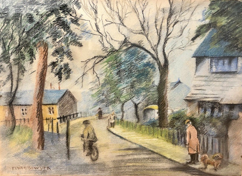 Vintage Signed Pastel Art by Elsie Bowyer – Framed Village Street Scene 60x49cm