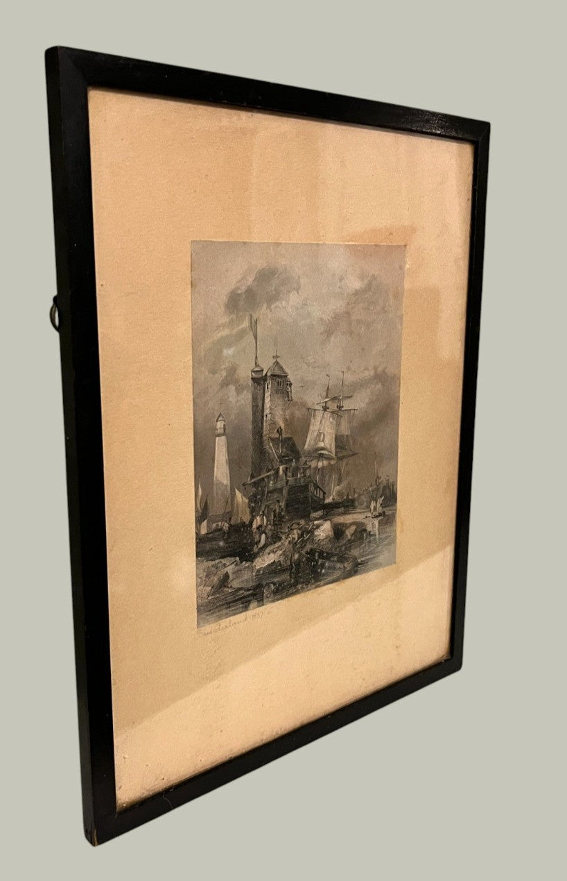 1837 Sunderland Lighthouse South Pier Etching Print Antique Framed 29cm