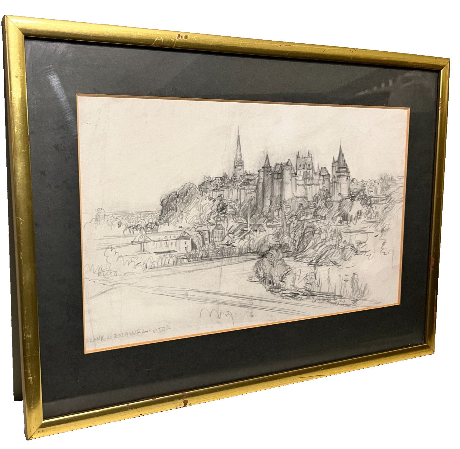 Framed Pencil Sketch By Frank L. Emanuel Drawing Vitré 44x31cm French Town