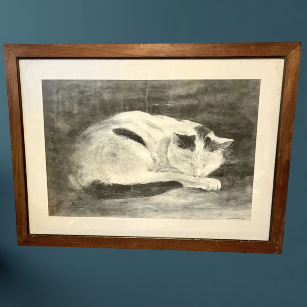 Derek Bradbury Signed Charcoal Drawing “Sleeping Cat” – Framed Original