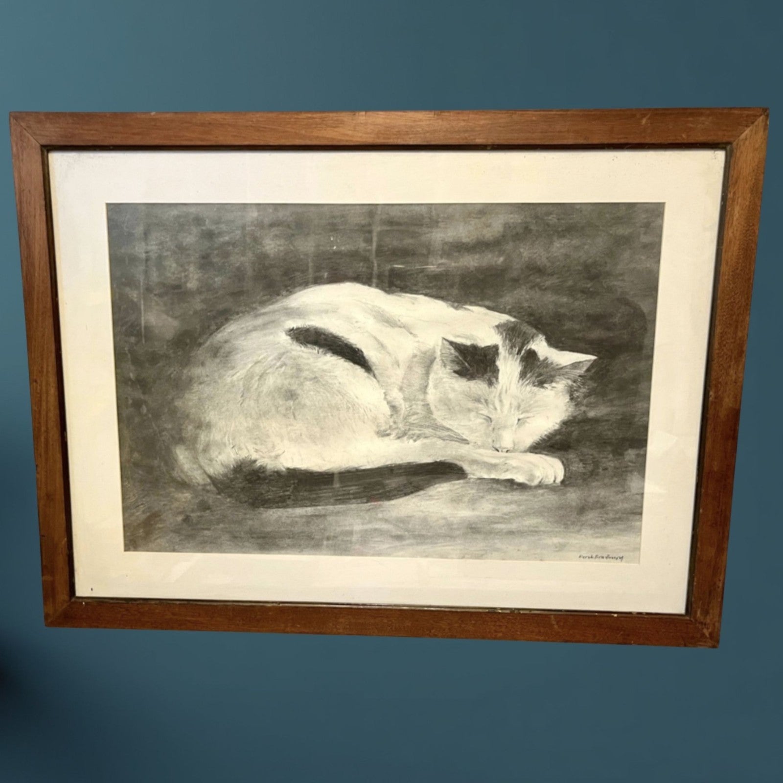 Derek Bradbury Signed Charcoal Drawing “Sleeping Cat” – Framed Original