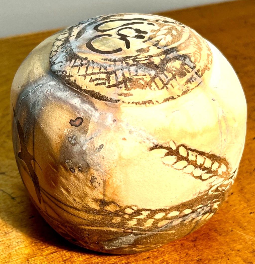 Raku Studio Pottery Cube Sculpture Bird Motif Smoke Fired Art Pot 10cm