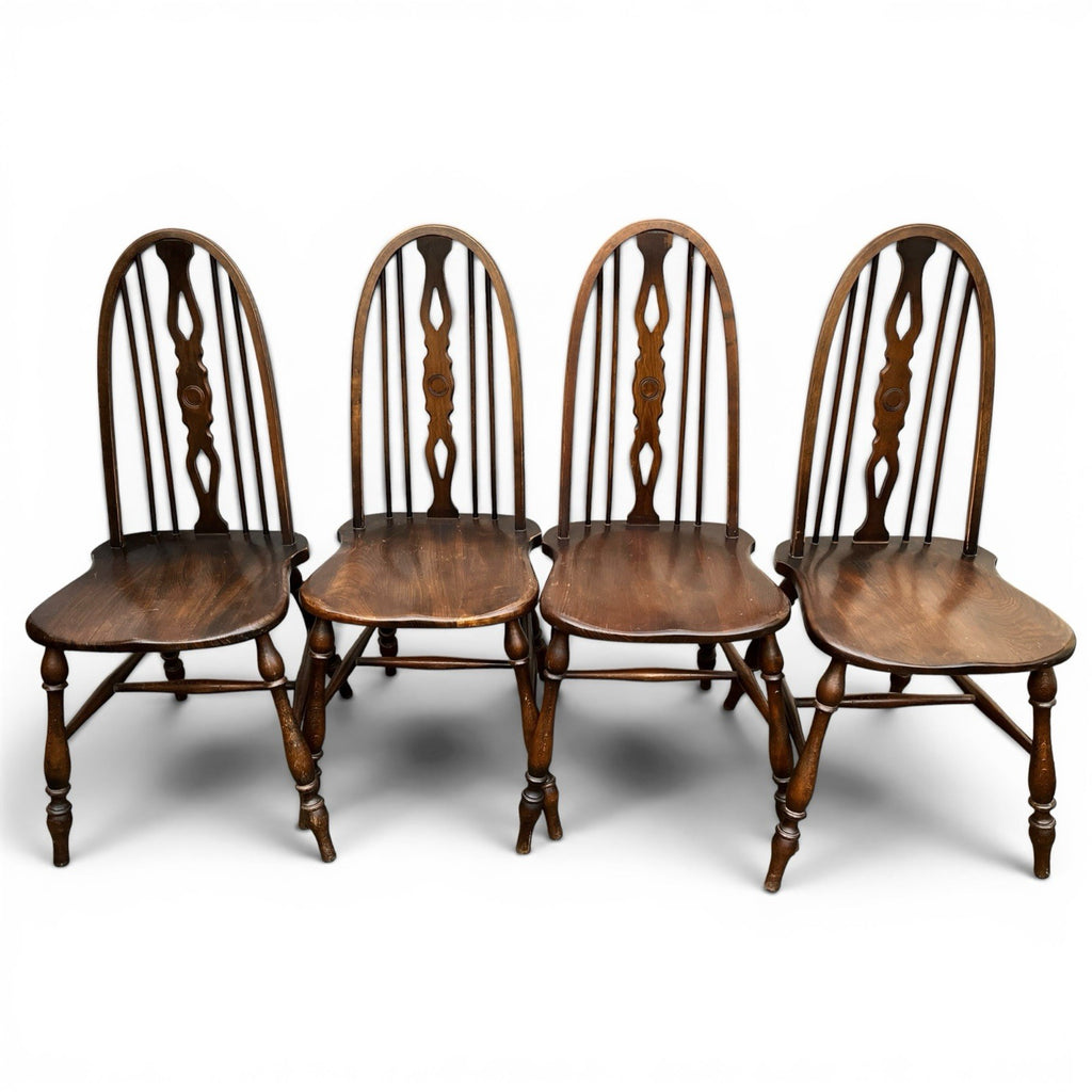 Vintage Set of Four Dark Oak Wheel Back Chairs