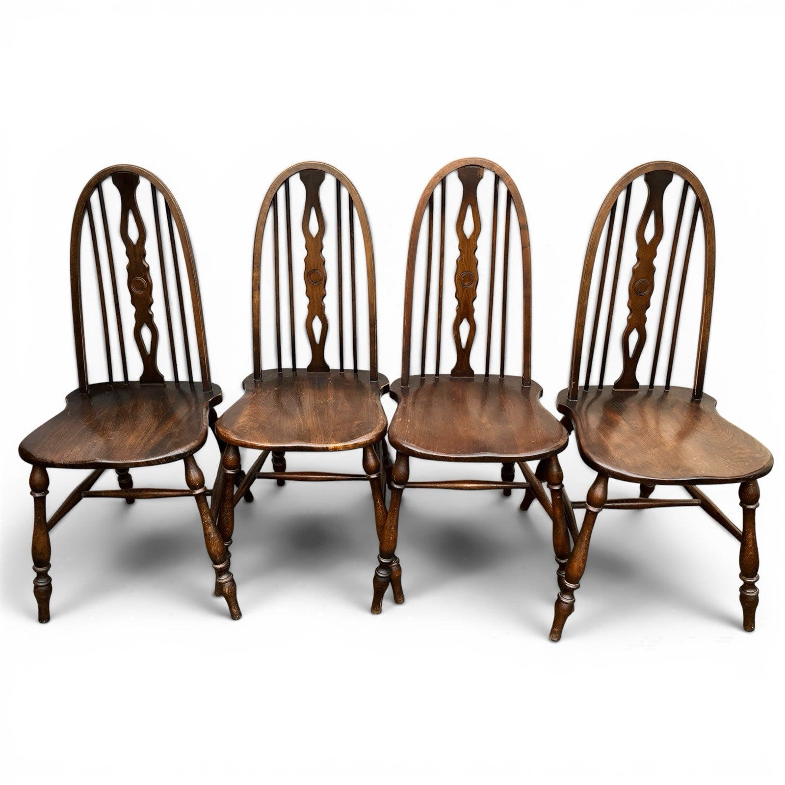 Vintage Set of Four Dark Oak Wheel Back Chairs