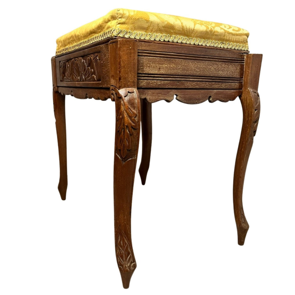 Vintage Carved Wooden Piano Stool With Storage Upholstered Seat Queen Anne Style