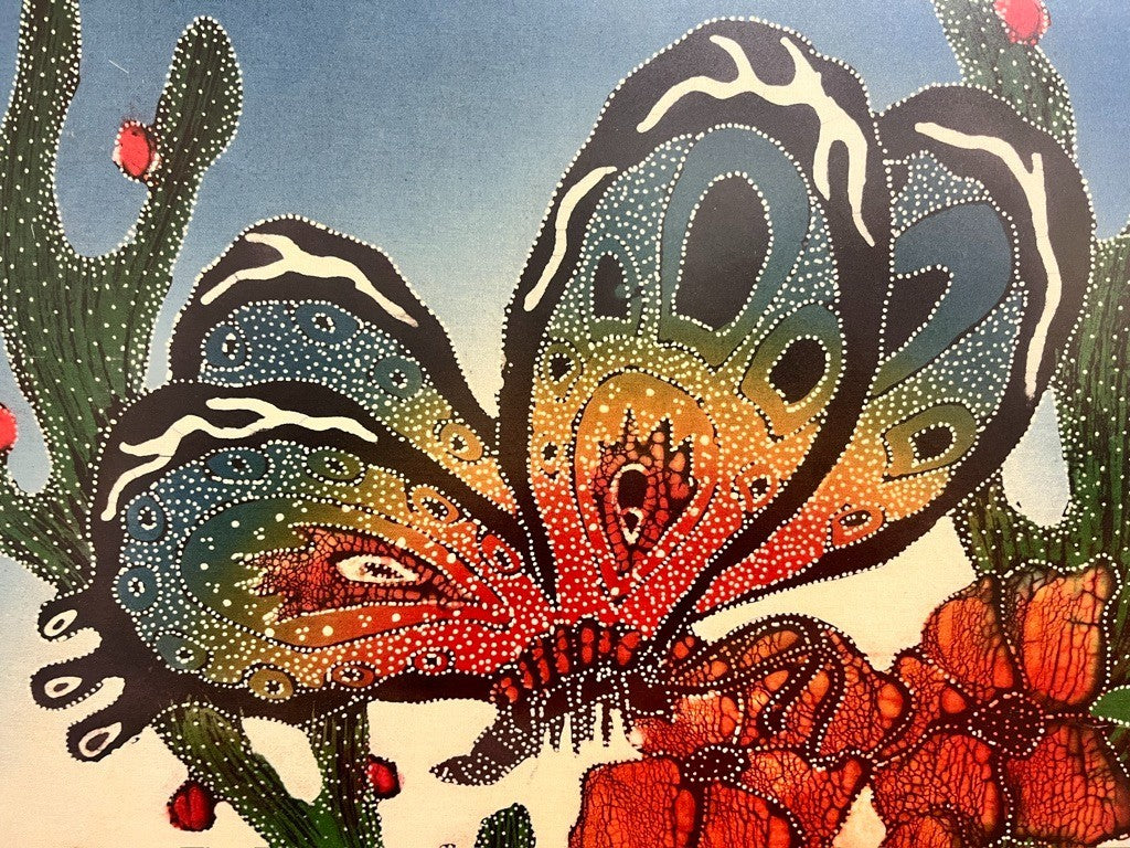 Framed Textile Wall Art Batik Butterflies Flowers 91cm Vintage Fabric Silk Art