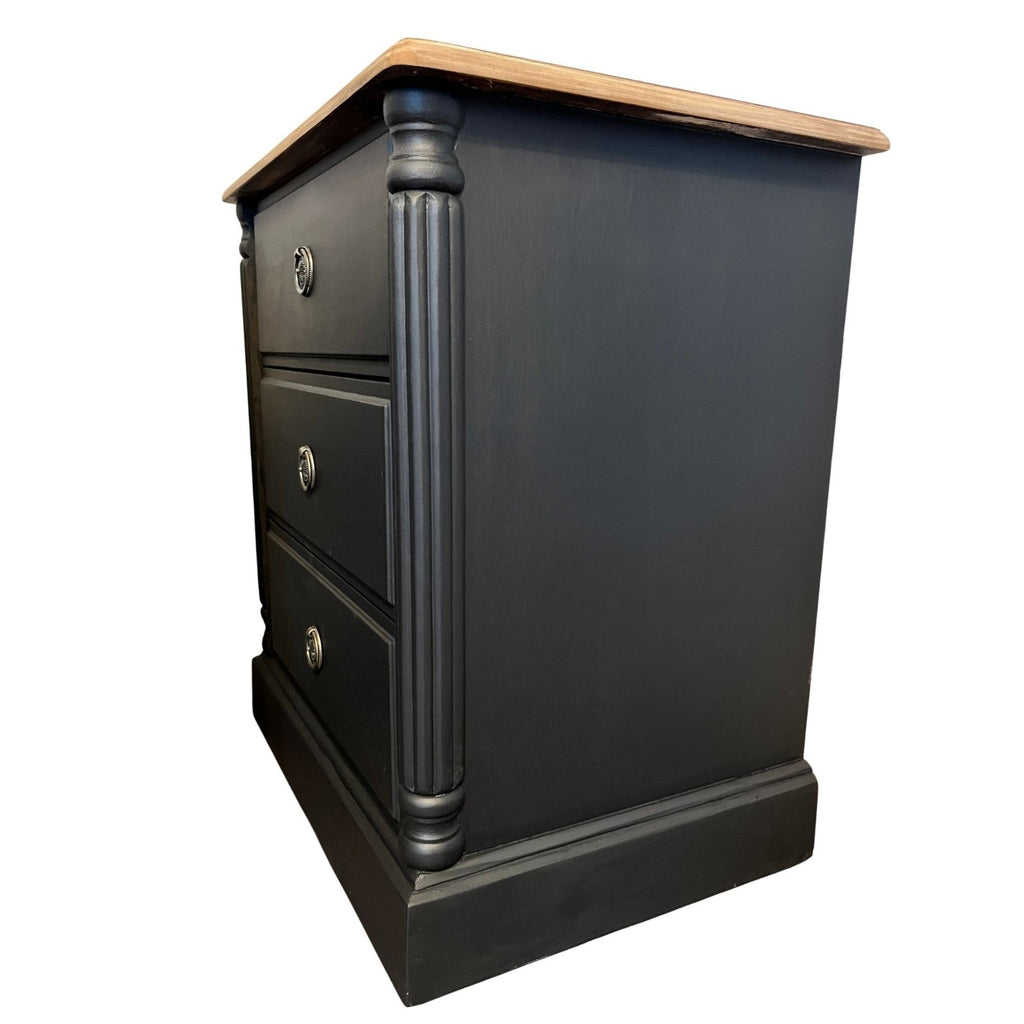 Refinished Black Bedside Tables Pair Vintage Nightstands Wood Top 3 Drawer Cabin