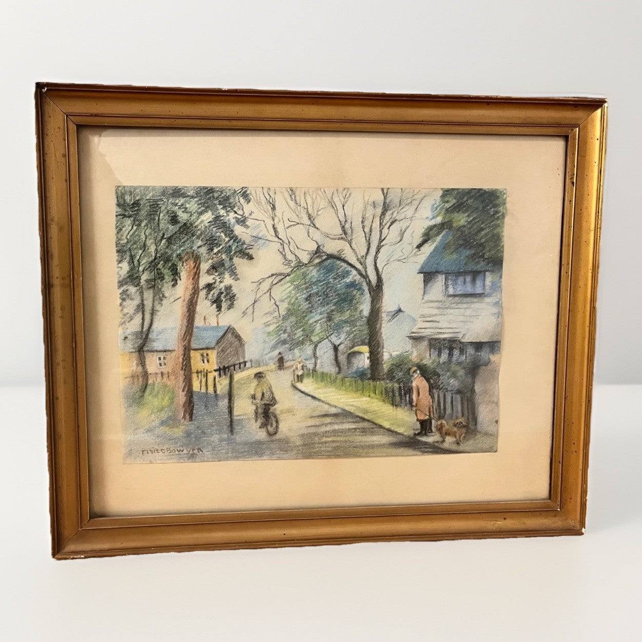 Vintage Signed Pastel Art by Elsie Bowyer – Framed Village Street Scene 60x49cm