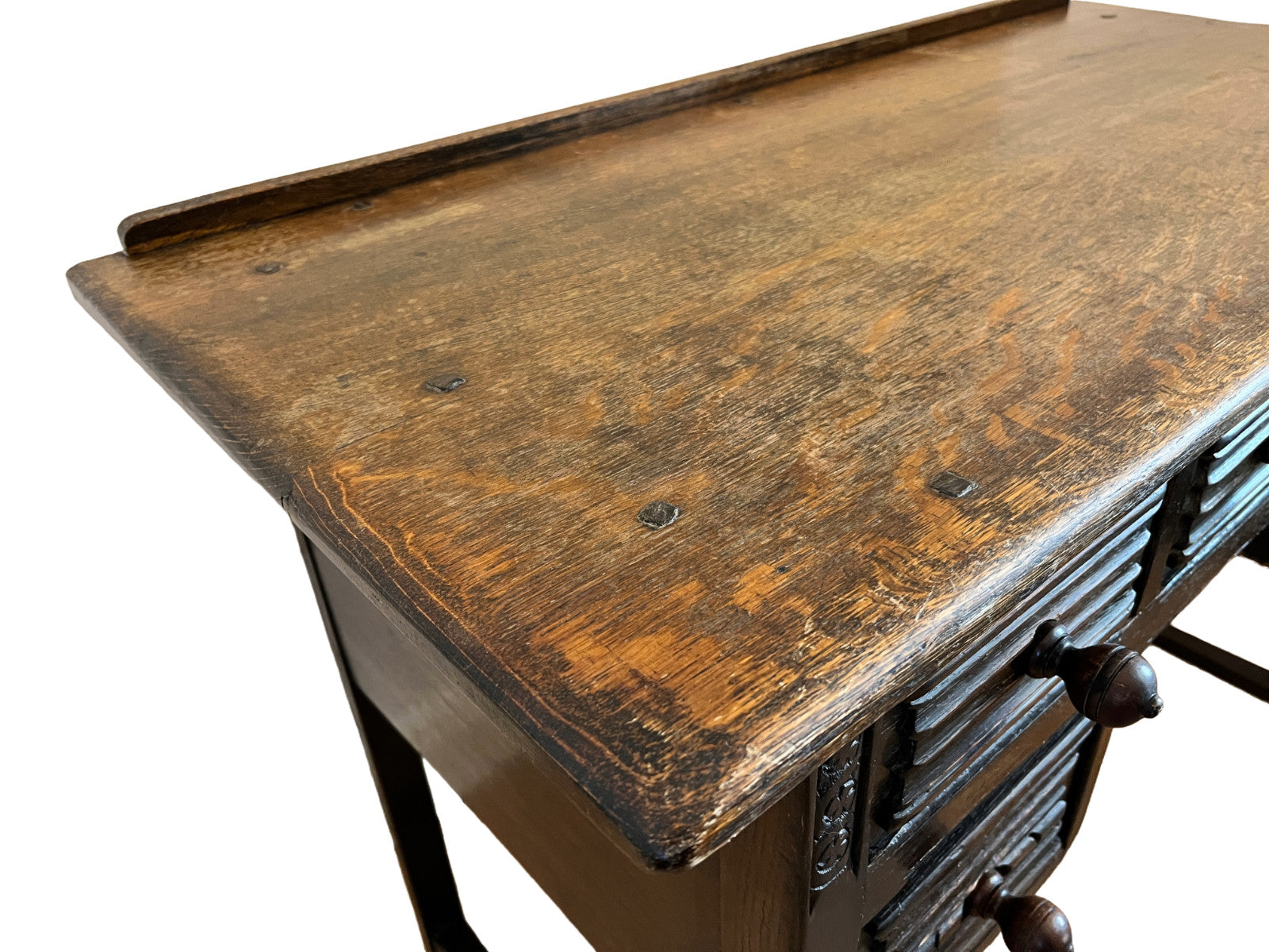 Vintage 1930s Solid Wood Desk 5 Drawer Console Table Carved Front 109cm