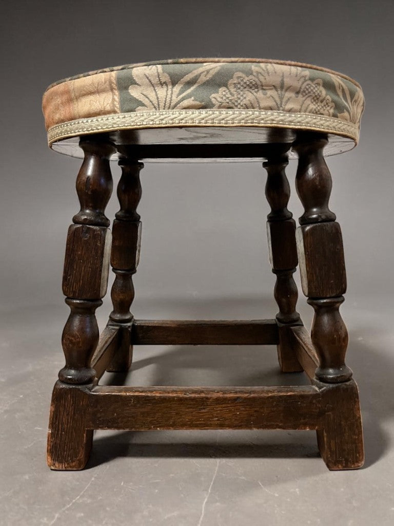 Vintage Oak Stool Rustic Wooden Footstool Turned Legs Aged Patina