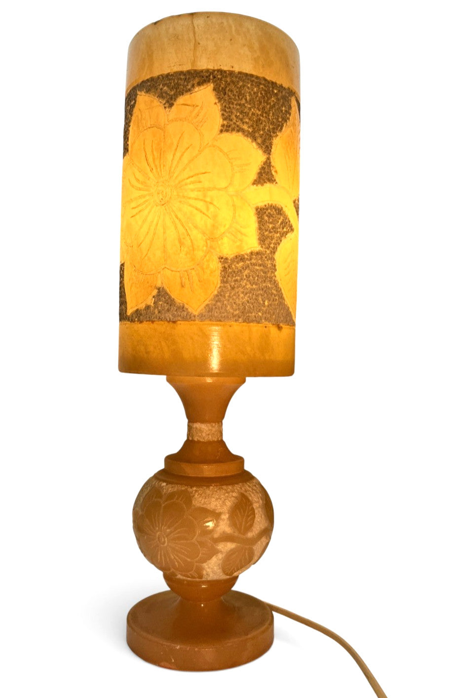 Vintage 1970s Alabaster Table Lamp Carved Leaf Stone Lamp Retro Mid Century