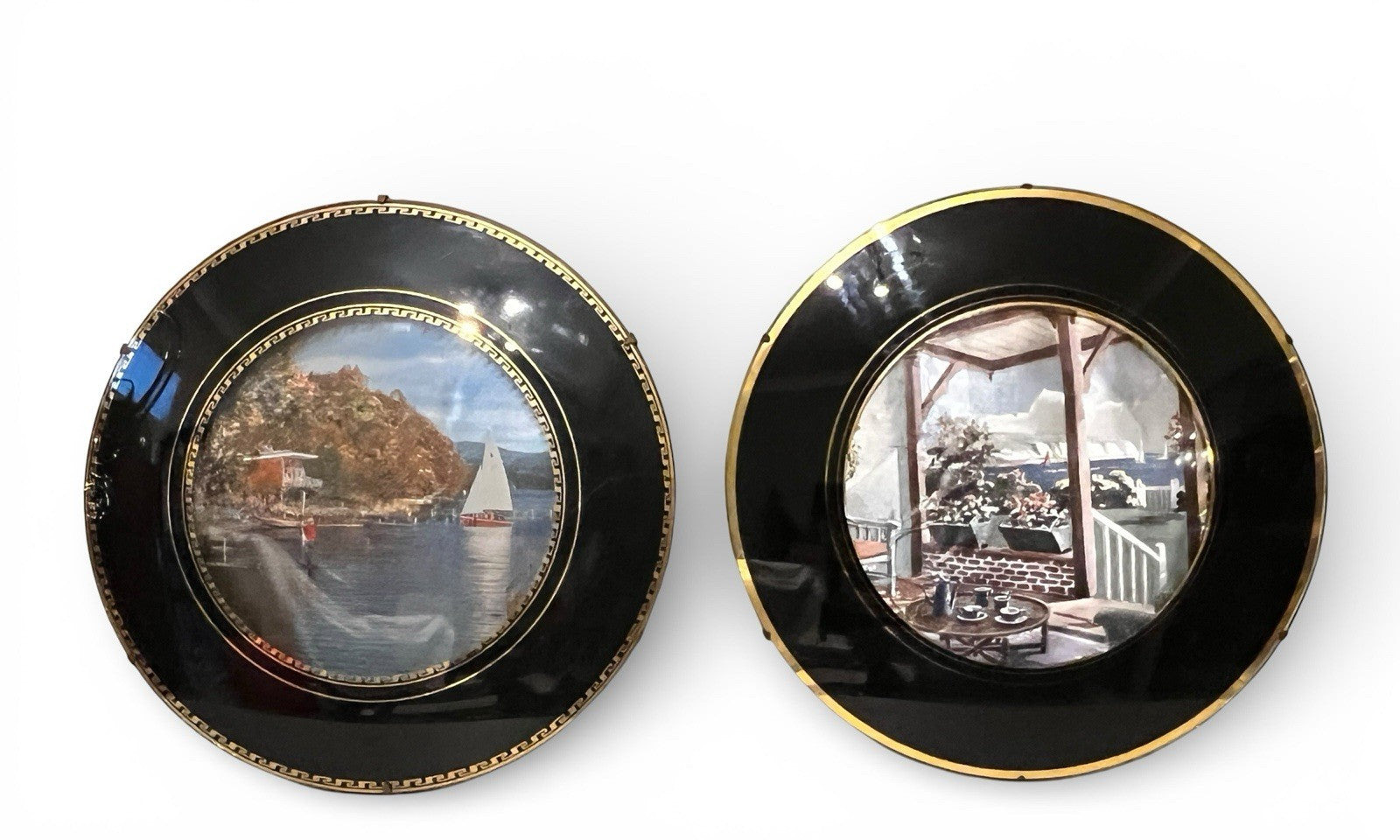 Vintage Set of 9 Wall Plaques Black Gold Nature & Coastal Village Scenes Round