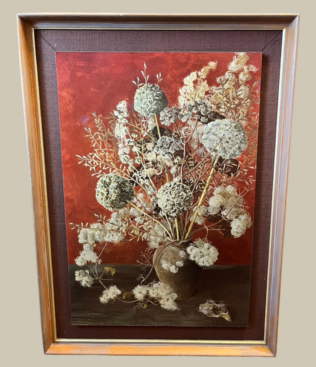 Vintage Marjorie Drawbell Leek Heads Framed Print on Board Mid Century Floral