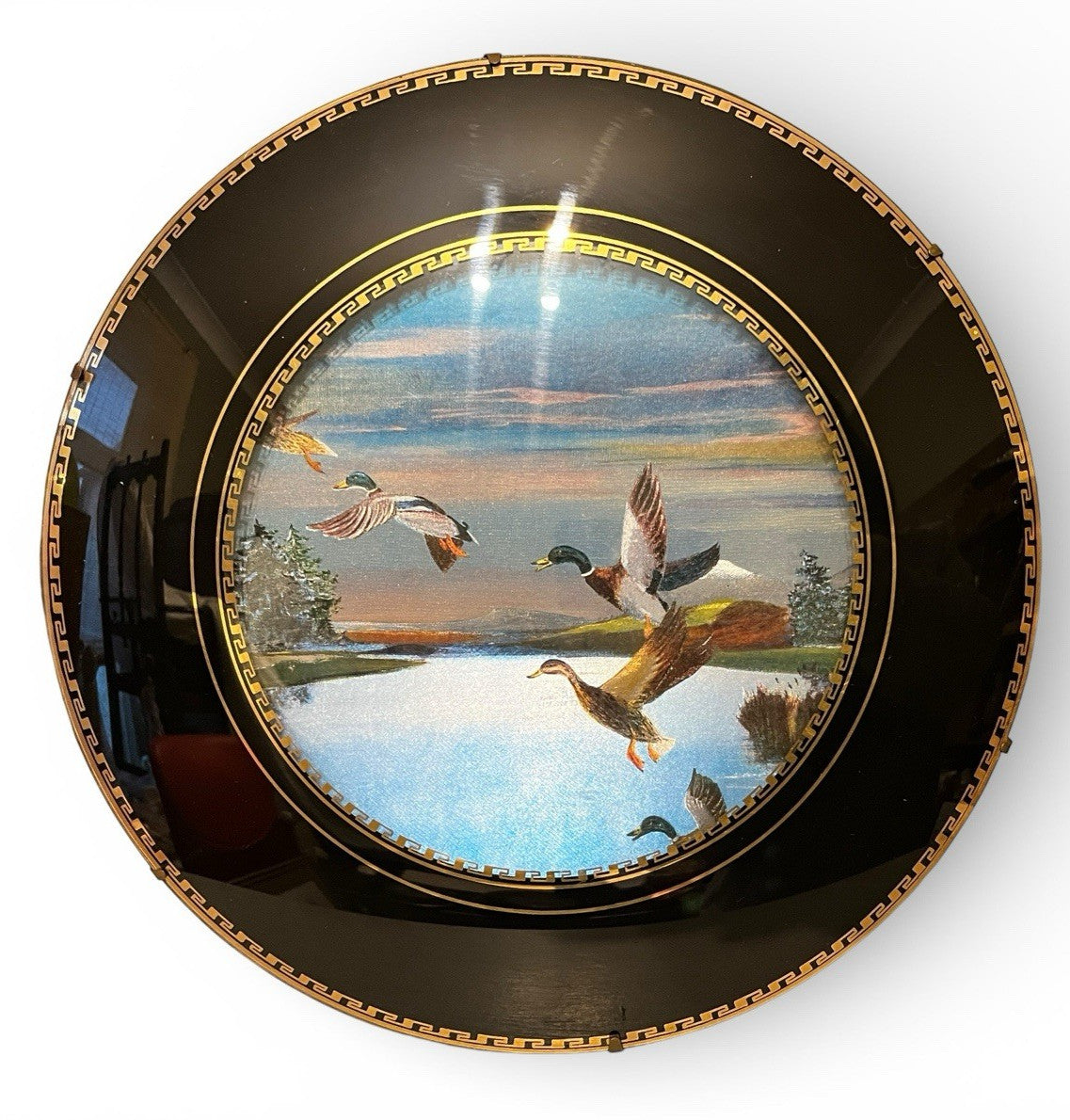 Vintage Set of 9 Wall Plaques Black Gold Nature & Coastal Village Scenes Round