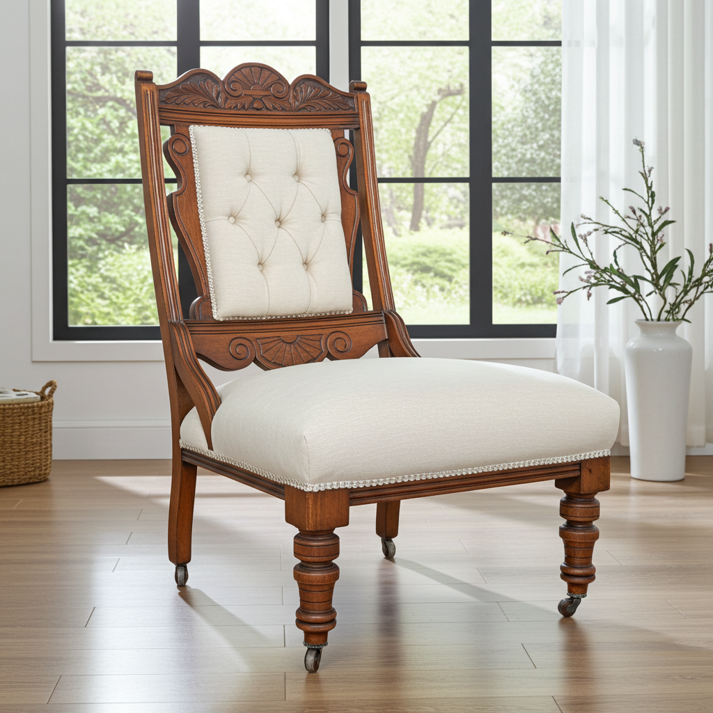 Victorian Mahogany Carved Upholstered Chair Fireside or Bedroom Chair Cream